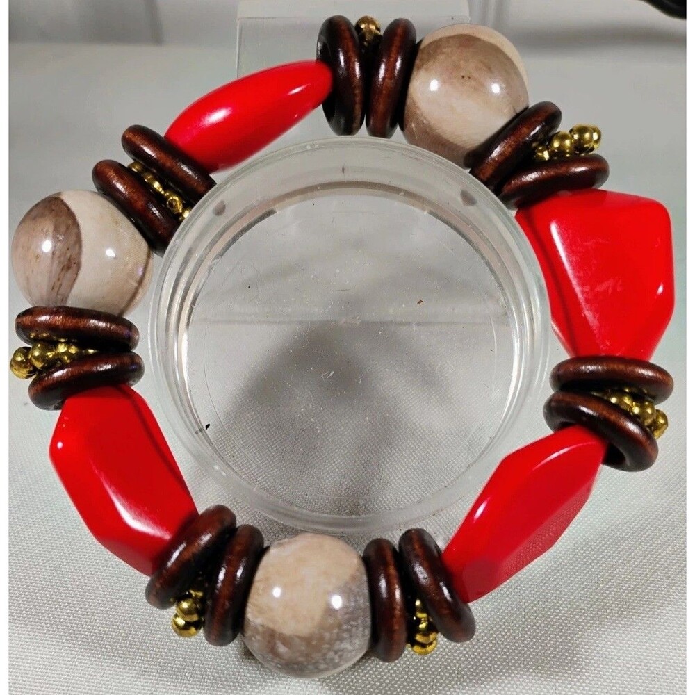 Bohemian Beaded Stretch Bracelet Red Multicolor Earthy Accent Beads Hippie Bold